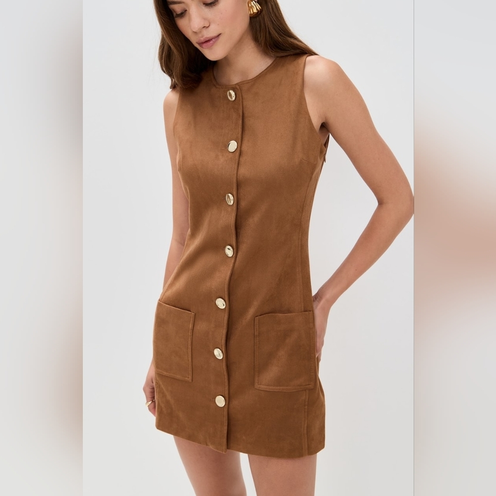 Endless Rose Faux Suede Round Neck Buttoned Mini Dress